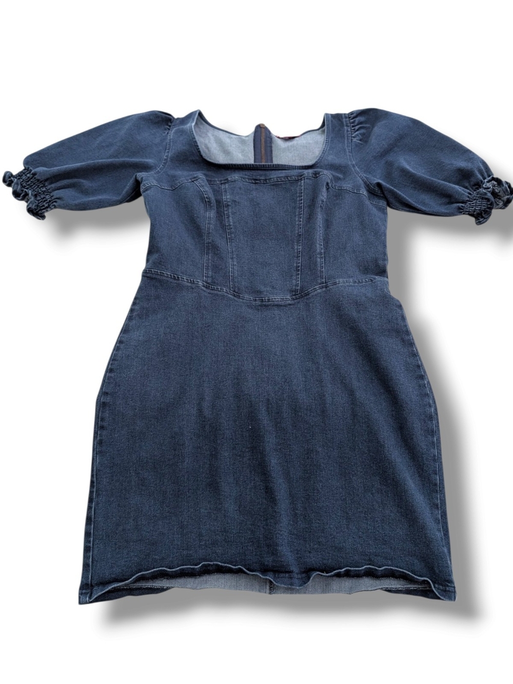 Vintage Betsey Johnson Dark Blue Denim Mini Dress with Puff Sleeves